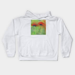 Gouache painting of red poppies on a green meadow Kids Hoodie